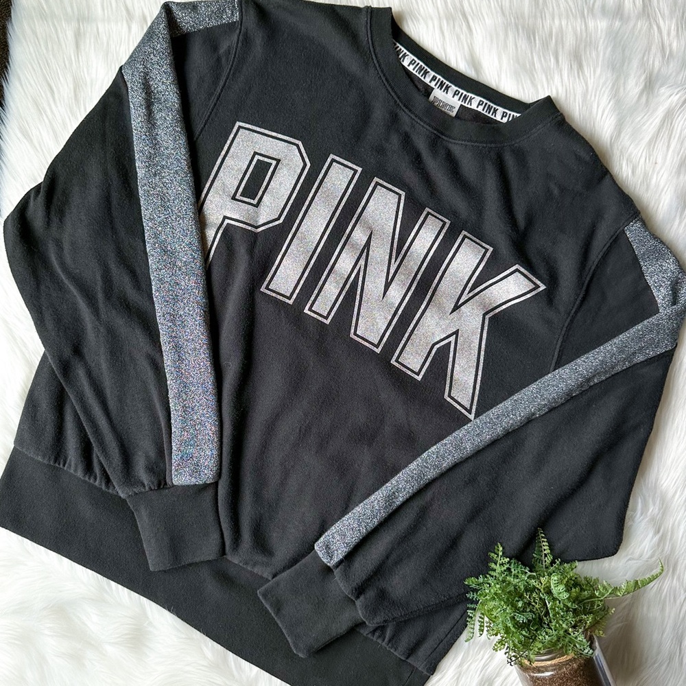 Victoria's Secret Pink Black Silver Bling Sweatshirt Glitter Sparkle Crewneck M